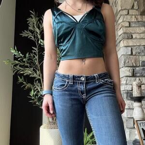 Wild cat emerald green satin corset style strappy going out tank top size XXL